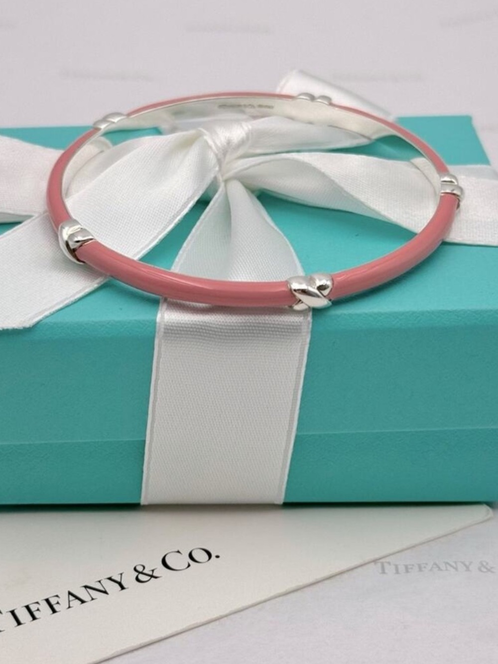 Tiffany & Co. Pink Enamel Signature X Bangle Bracelet Sterling Silver Gift Box - Picture 6 of 10